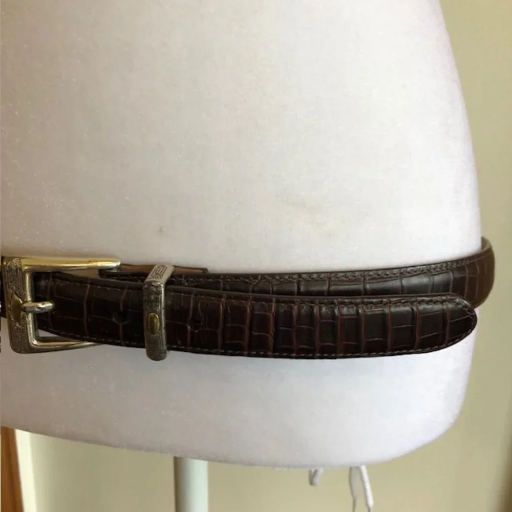 TALBOTS Crocodile Print Brown Western Silver Scroll Buckle Belt Large